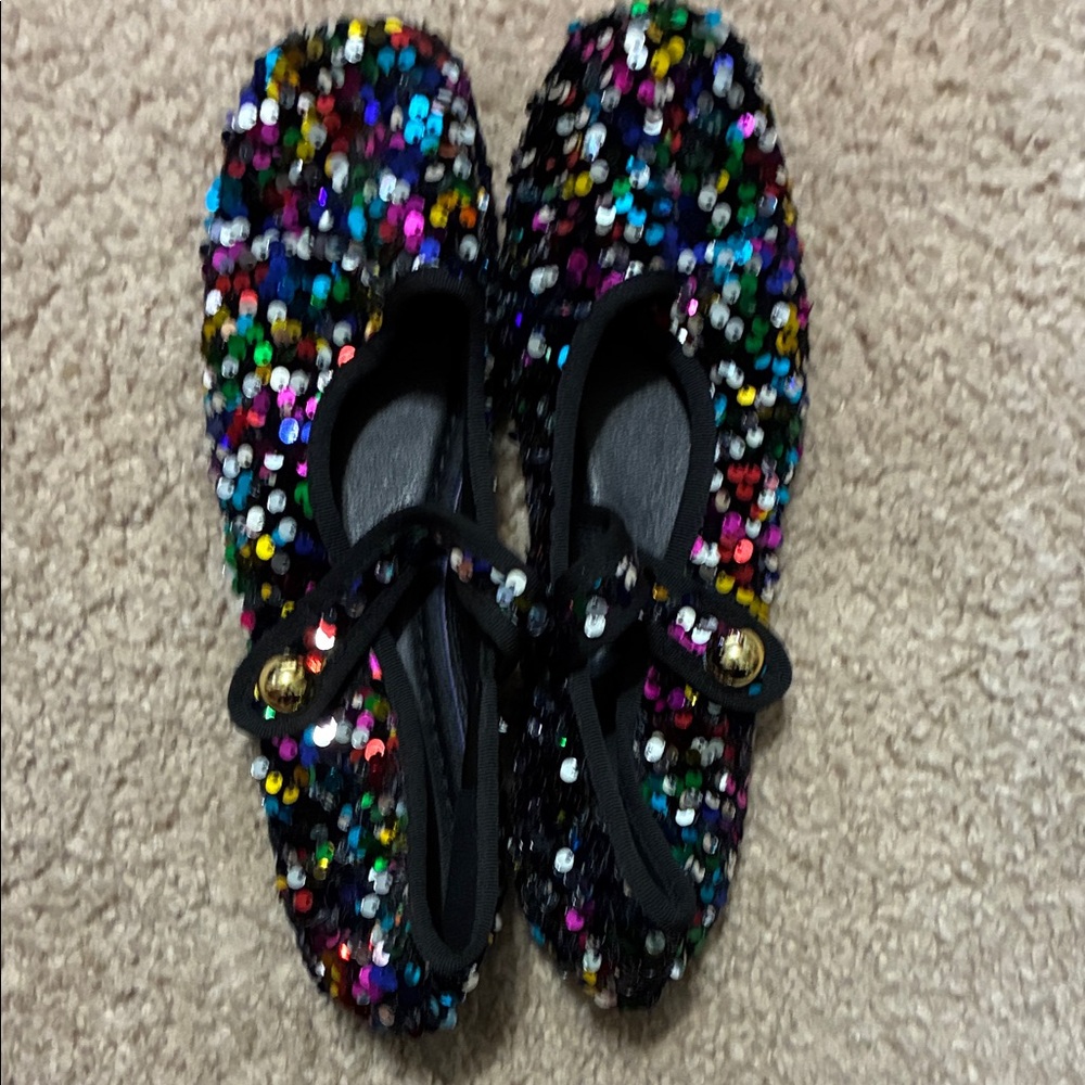 Multicolor Sequin Black Trim Ballet Flats with Strap